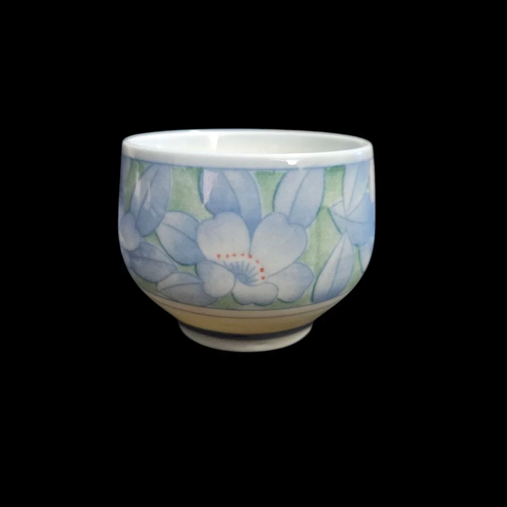 Set of 3 Floral Ceramic Tea Cups Pastel Blue Green Handleless Asian Style
